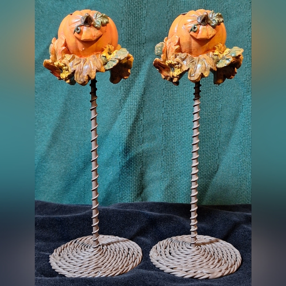 2 Pumpkin Candle Holders with Leaf Accents